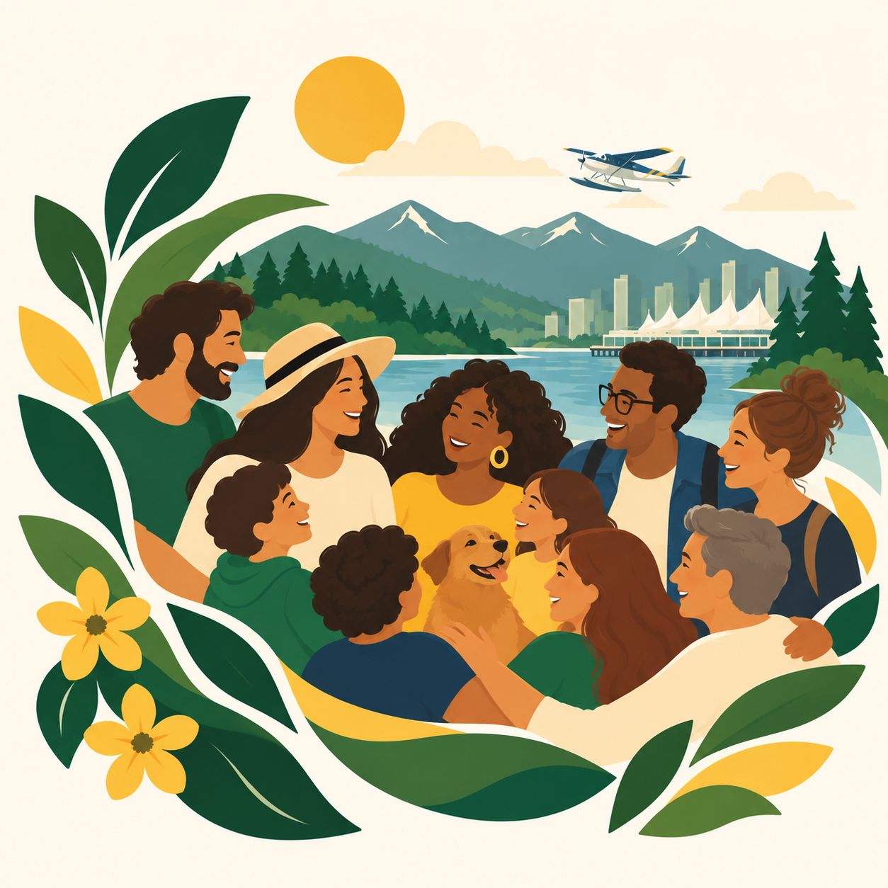Ilustração de famílias e crianças reunidas ao ar livre em Vancouver